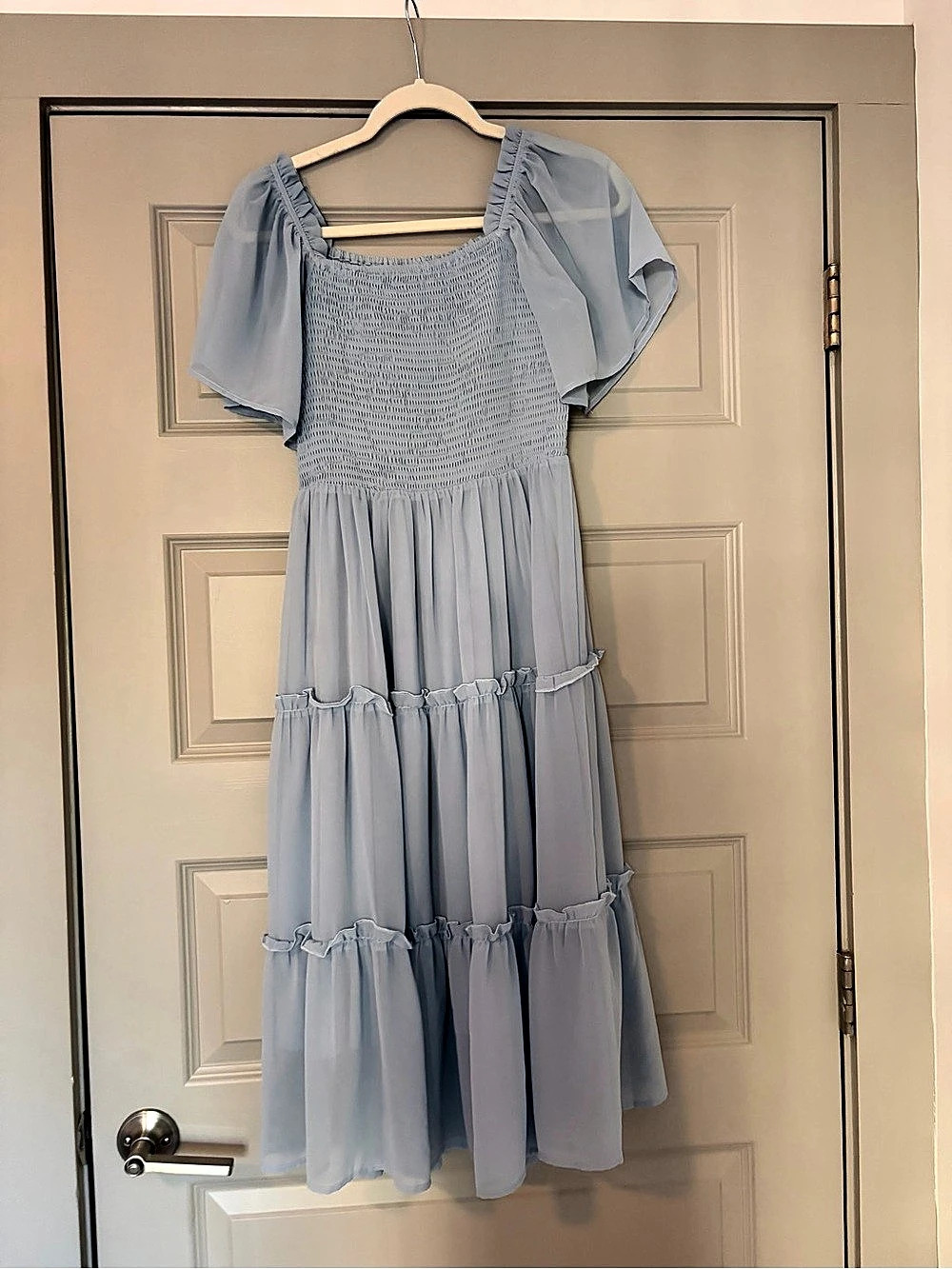 Zesica Flutter Short Sleeve Smocked Tiered Midi Dress Blue